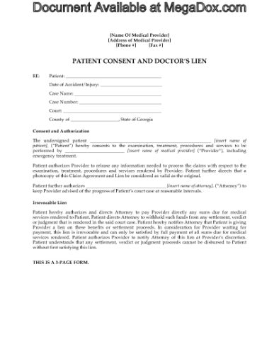 Picture of Georgia Patient Consent and Medical Lien Agreement