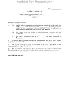 Alberta Estoppel Certificate for Condo Alberta estoppel certificate for sale of condo