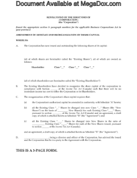 Canada Special Resolution to Reorganize Share Capital Canada Special Resolution to Reorganize Share Capital
