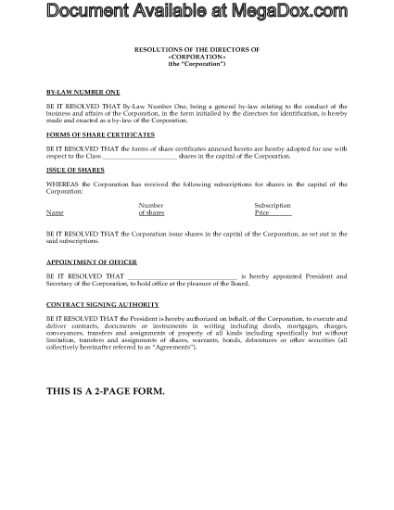 Picture of Directors Resolutions to Organize Corporation | Canada