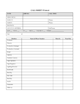 Show details for Call Sheet for Video Shoot Picture of Call Sheet for Video Shoot