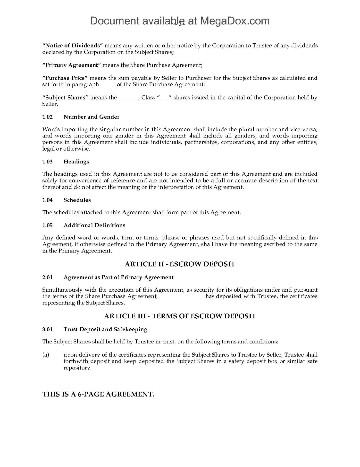 Escrow Agreement for Shares | MegaDox.com