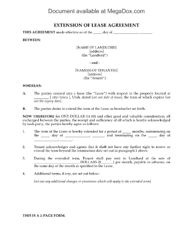 Utah Extension of Lease Form (Residential)
