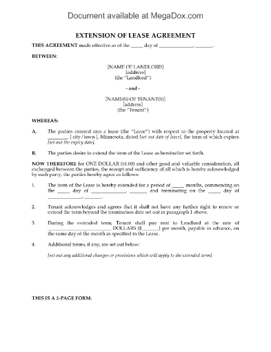 Minnesota Extension of Lease Form (Residential)
