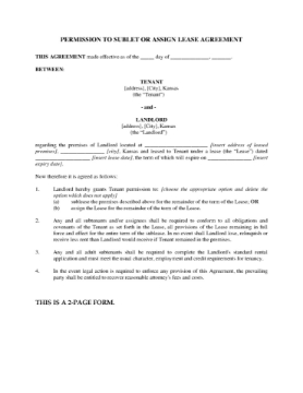 Kansas Permission Agreement to Sublet or Assign Lease Kansas Permission Agreement to Sublet or Assign Lease