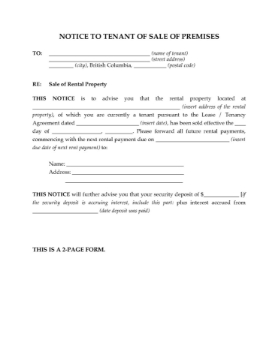 BC Notice to Tenant of Sale of Rental Premises Notice to tenant of sale of their rental premises in British Columbia