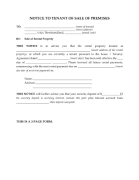 Newfoundland Notice of Sale of Rental Premises Newfoundland & Labrador Notice to tenant that their rental premises has been sold