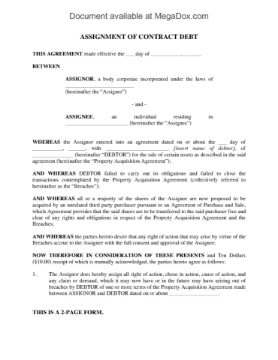 Assignment of Contract Debt Assignment Form to assign your right to collect a contract debt