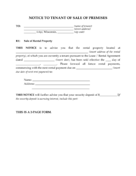 Wisconsin Notice of Sale of Rental Premises Notice to Wisconsin tenant that the property they are renting has been sold