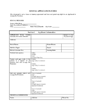 Show details for Massachusetts Rental Application Form Picture of Massachusetts Rental Application Form