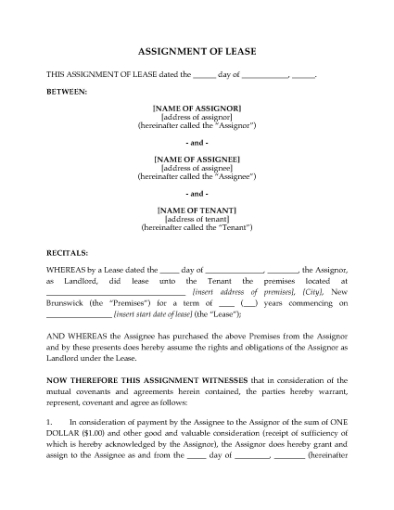 Picture of New Brunswick Assignment of Lease by Landlord