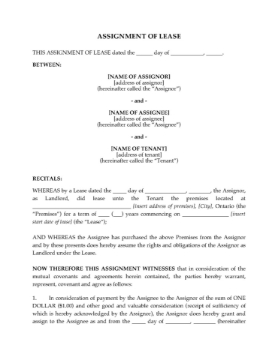 Ontario Assignment of Lease form Ontario Assignment of Lease form