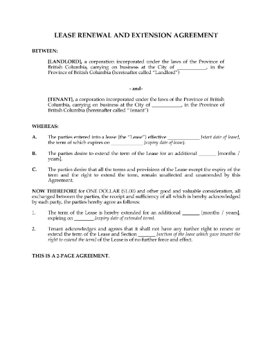 British Columbia Commercial Lease Renewal and Extension Agreement