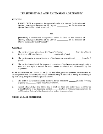 Quebec Renewal and Extension of Commercial Lease