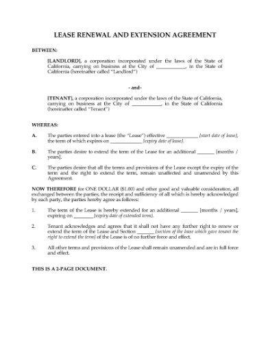 Picture of California Renewal and Extension of Commercial Lease