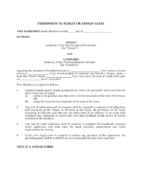 Show details for Newfoundland Permission to Sublet or Assign Lease Picture of Newfoundland Permission to Sublet or Assign Lease