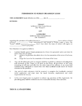 Picture of Saskatchewan Permission to Sublet or Assign Lease