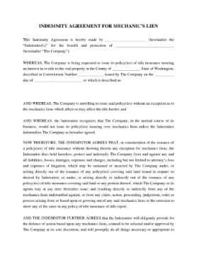 Washington Indemnity Agreement for Mechanics Lien Washington Indemnity Agreement for Mechanics Lien