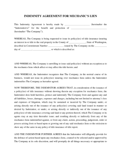 Picture of Washington Indemnity Agreement for Mechanics Lien
