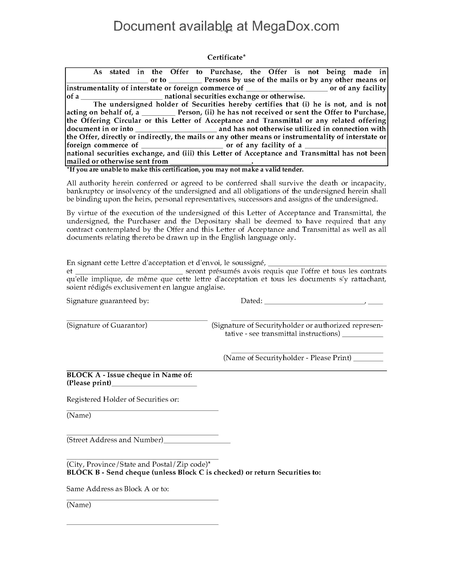 Canada Takeover Bid Offer to Purchase Securities | MegaDox.com