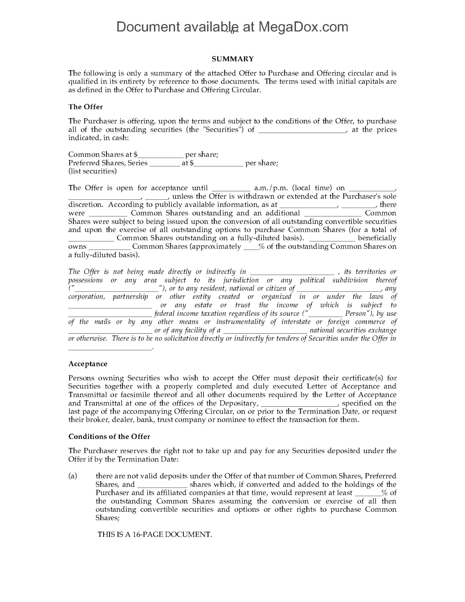 Canada Takeover Bid Offer to Purchase Securities | MegaDox.com