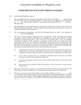 Canada Flow Through Shares Subscription Agreement Picture of Subscription Agreement for Flow Through Shares | Canada