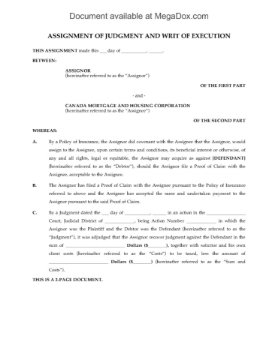 Canada Assignment of Judgment to CMHC Assignment of Judgment to Canada Mortgage & Housing Corporation