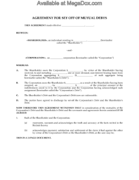 Setoff Agreement for Mutual Debts Set off agreement for debts between a company and a shareholder