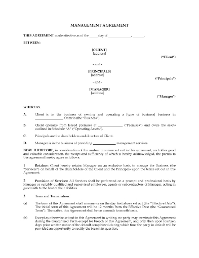 Picture of Ontario Management Agreement and Option to Purchase Business