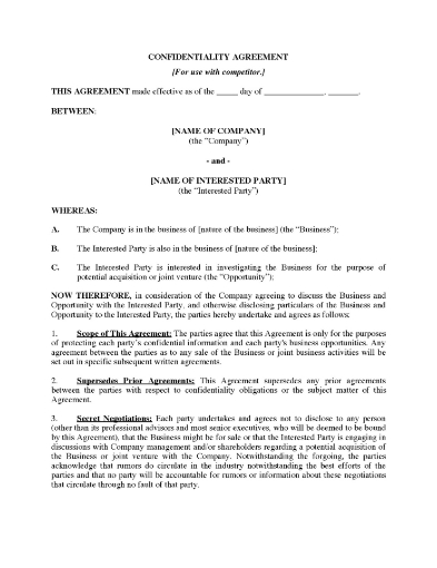 Picture of Confidentiality Agreement for Competitors