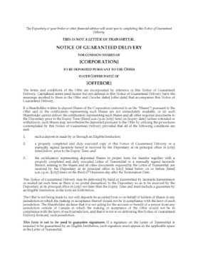 Alberta Notice of Guaranteed Delivery (takeover) Alberta Notice of Guaranteed Delivery (takeover)