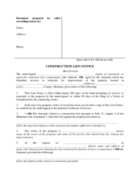 Montana Construction Lien Notice Montana Construction Lien Notice