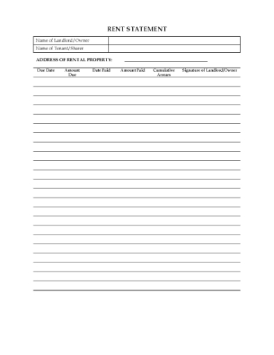 Picture of Rent Statement for Weekly Tenant / Sharer | UK
