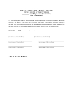 USA Waiver of Notice forms for directors meetings USA Waiver of Notice forms for directors meetings