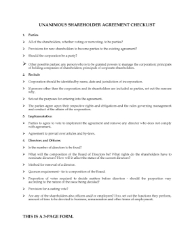 Canada Unanimous Shareholder Agreement Checklist Canada Unanimous Shareholder Agreement Checklist