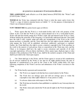 Acquisition Agreement for Limited Rights in Music Acquisition Agreement for Limited Rights in Music