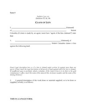 British Columbia Form 5 Claim of Builder's Lien British Columbia Form 5 Claim of Builder's Lien