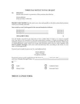 California 3-Day Notice to Pay or Quit California 3-Day Notice to Pay or Quit