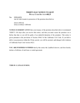 California 30-Day Notice to Quit under Penal Code Section 602.3 California 30-Day Notice to Quit under Penal Code Section 602.3