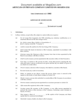 Model Articles of UK Private Company Limited by Shares Picture of Model Articles of Private Company Limited by Shares | UK