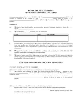 Canada Separation Agreement for Common Law Couple Canada Separation Agreement for Common Law Couple