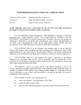 Show details for Performer Release Form for Minor Child in Film or TV Production Picture of Performer Release Form for Minor Child in Film or TV Production