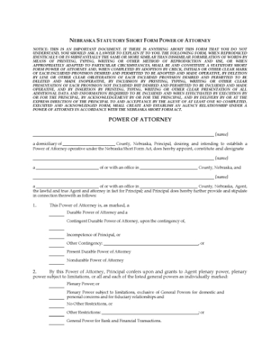 Picture of Nebraska Statutory Short Form Power of Attorney