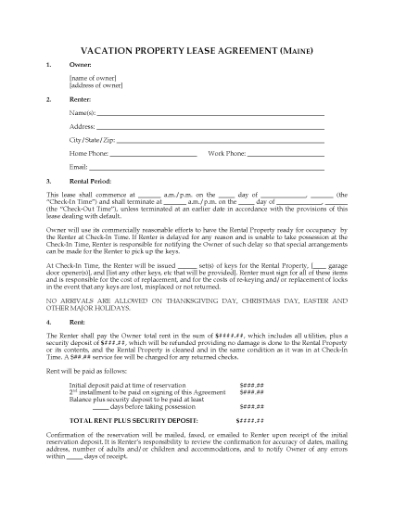 Picture of Maine Vacation Property Short-Term Rental Agreement
