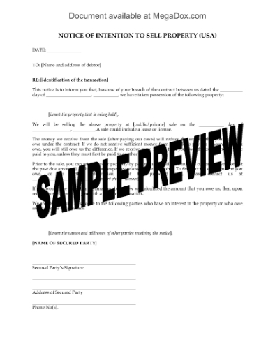 Picture of Notice of Intention to Sell Property | USA