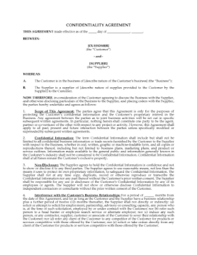 Confidentiality Agreement for Suppliers Confidentiality Agreement to use with suppliers that have access to your sensitive business information