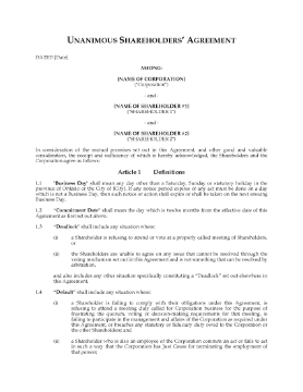 Show details for Ontario Unanimous Shareholder Agreement Between Equal Partners Picture of Ontario Unanimous Shareholder Agreement Between Equal Partners