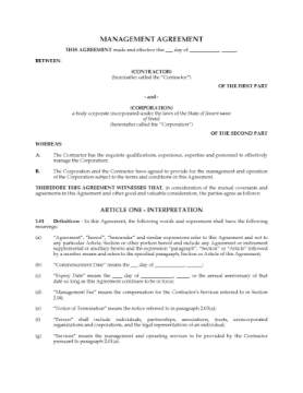 USA Management Agreement form Picture of Management Agreement | USA