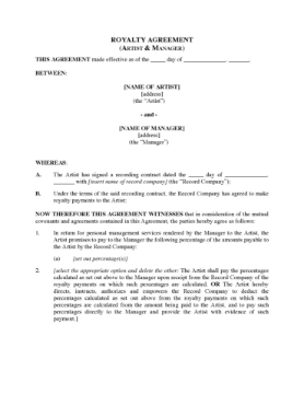 Royalty Agreement between Musician and Manager Royalty agreement between a musician and their manager for percentage royalties on sales of recordings