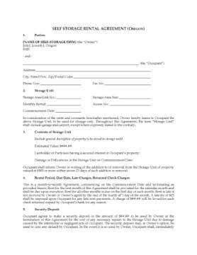 Oregon Self Storage Lease Agreement Oregon Self Storage Lease Agreement